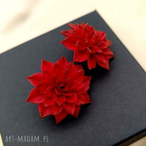 Czerwone kolczyki sztyfty Georginie Dahlia handmade