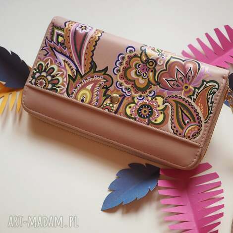 KaLinea, ręcznie malowany duży portfel z ekoskóry paisley wyjątkowy kobiecy portfel