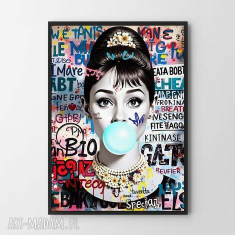 Nowoczesna Audrey - plakat A4 czarno-biały z turkusowym akcentem
