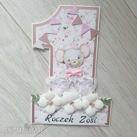Kartka na roczek 1 dla dziewczynki z cyferką 1 i myszką - ręcznie robiona 3D