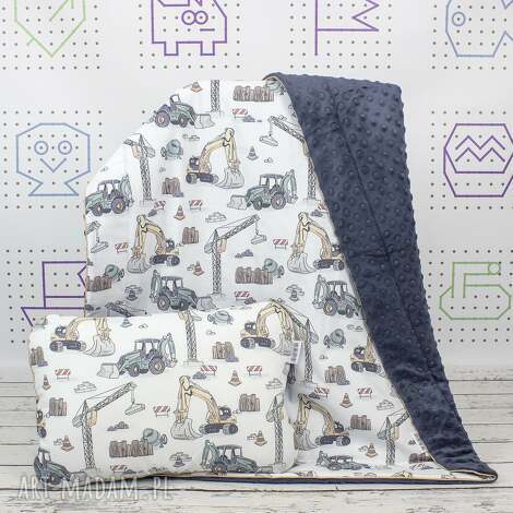 zestaw kocyk i płaska poduszka budowa, kocyk minky, zestaw dla chłopca