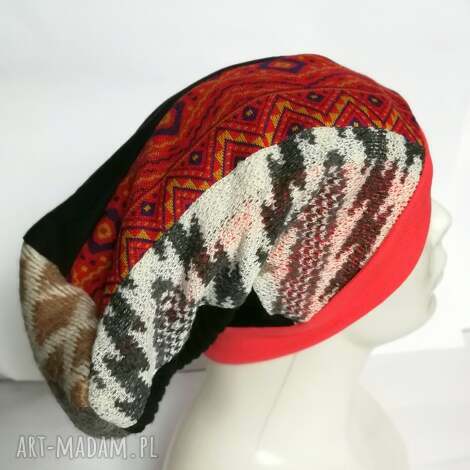Czapka turbanowa etno boho patchwork ruda klara - handmade na podszewce