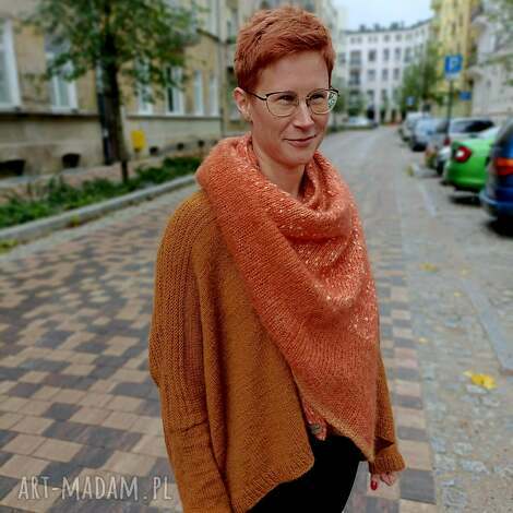 Chusta „Manchado - Rudzielec” - ciepła i lekka z wełny, moheru i jedwabiu (ręcznie robiona na drutach)