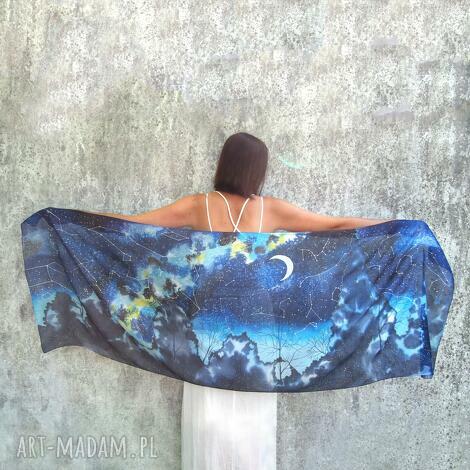 wielki szal jedwabny galaktyka, pareo, jedwabie malowane księżyc gwiazdy apaszka