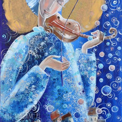 Muzyka nad miastem - obraz na płótnie Canvas 42x70 cm, anioł w niebieskiej tonacji, prezent