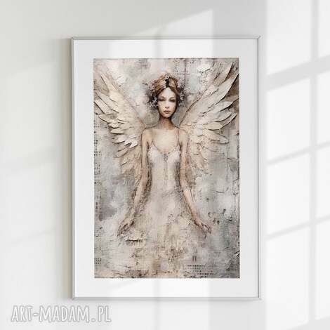 Plakat Anioł w beżu i bieli 40x50 cm - spokojna dekoracja do sypialni
