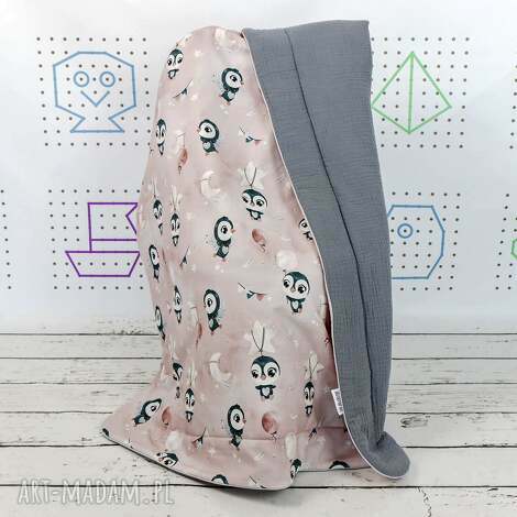 kocyk bawełna i muślin 135x100 pingwinki róż - całoroczny kocyk