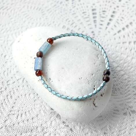 unikatowa bransoletka z akwamarynem branoletka skórzana, skóra naturalna