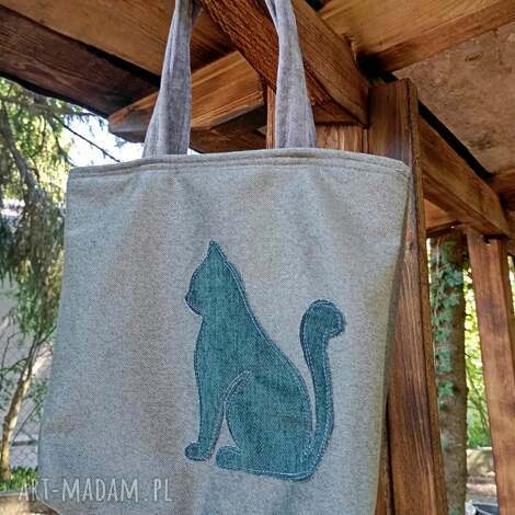 Zielona torba na zakupy z kotem - handmade na ramię