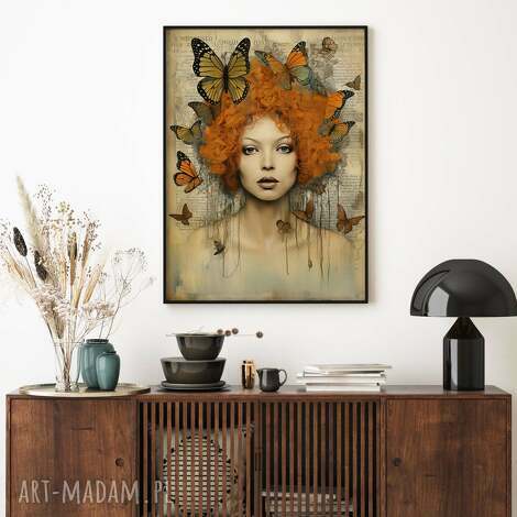 Plakat Kobieta i Motyle 50x70 cm do Salonu - satynowy papier, pigmentowy druk, bez ram