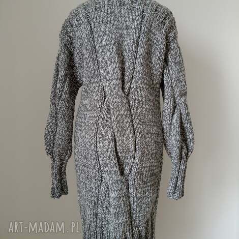 szary kardigan s/m, długi sweter, rozpinany sweter na wiosnę, ręczne