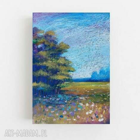 Autorski pejzaż drzew A4 w pastelach olejnych - obraz handmade art-Madam.pl