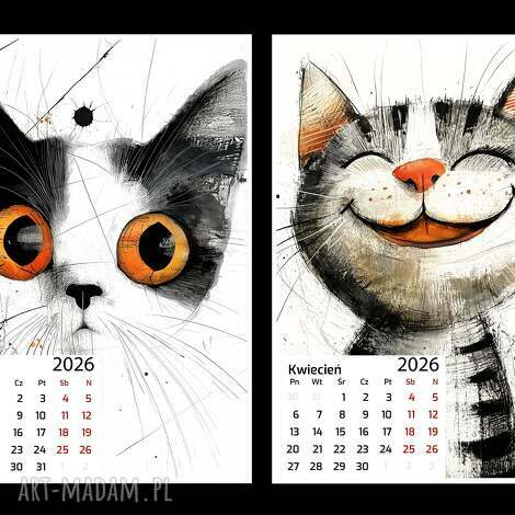 kalendarz 2026 kot rysunkowy 13x18 cm, planner kotem prezent