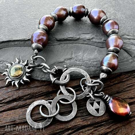 Srebrna bransoletka z perłami w indyjskim różu i pirytem - Shambala Pearls