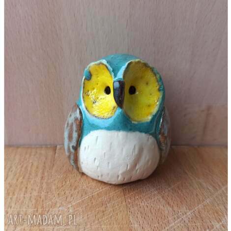 Sówka z ceramiki handmade - turkusowa dekoracja i przycisk do papieru (ok. 5 x 7 cm)