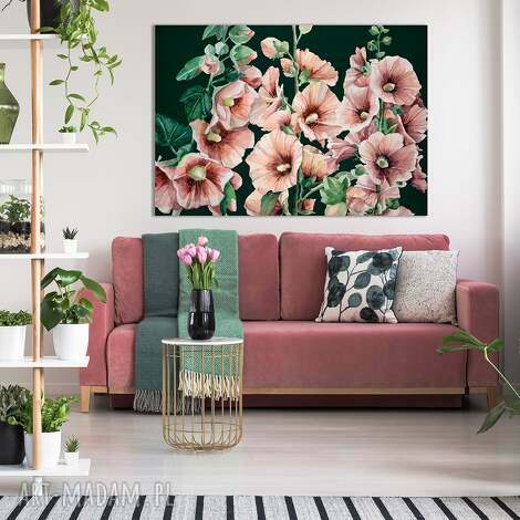 obraz do salonu drukowany na płótnie z kwiatami różowe malwy ciemnej zieleni