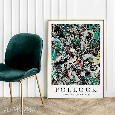 Plakat Pollock Green Silver 40x50 cm - zielono-srebrna abstrakcja do salonu