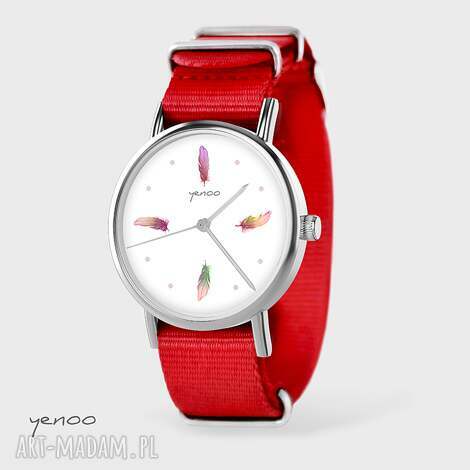 Zegarek bransoletka kolorowe piórka - czerwony pasek nato nylon, regulowany | Miyota
