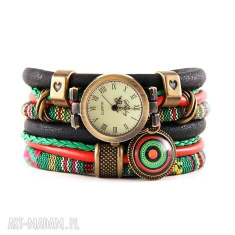 Zegarek-bransoletka boho w kolorach zielony-czerwony-czarny - damski | art-Madam.pl