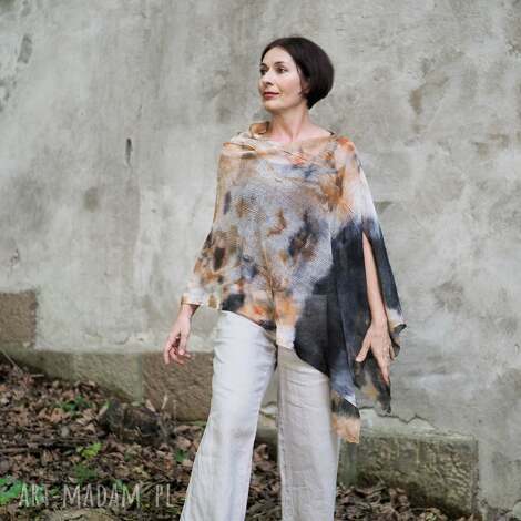 ponczo tunika w beżach i szarościach, rękodzieło len, dzianina, prezent