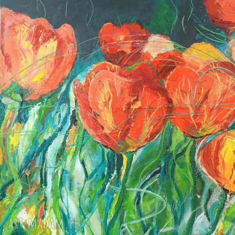 Tulipany i natura - ręcznie malowany obraz 40x40 Ewa Mościszko (gotowy do zawieszenia)