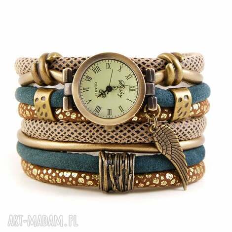 zegarek - bransoletka w stylu retro, zielono złoty ze skrzydłem