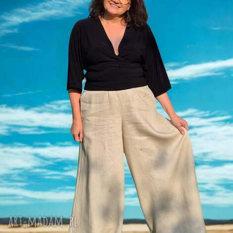 szerokie lniane spodnie sand beig lnu wiskozą