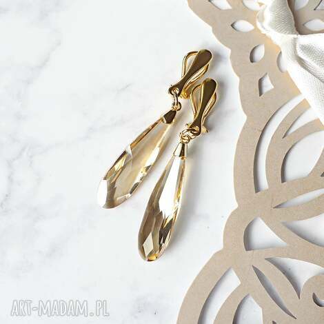 Cudne złote klipsy Golden Champagne Drop - Swarovski 24K