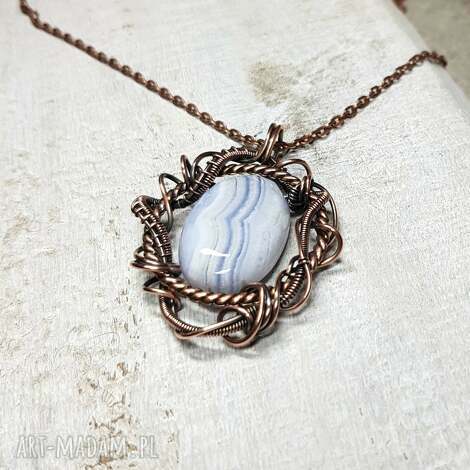 Naszyjnik Agat Blue Lace M201 - wire wrapping z miedzi art-Madam.pl