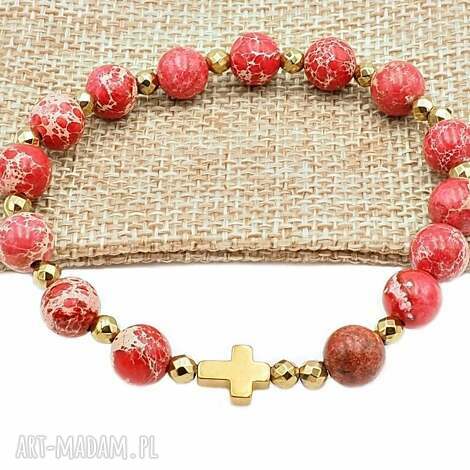 Bransoletka Różaniec na rękę z jaspisu cesarskiego koralowego i hematytu - handmade