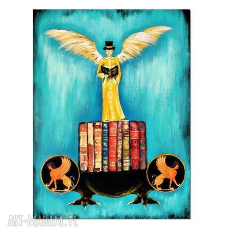 Anioł Bibliofil 12 - oryginalny obraz ręcznie malowany na płótnie 30 x 40 cm