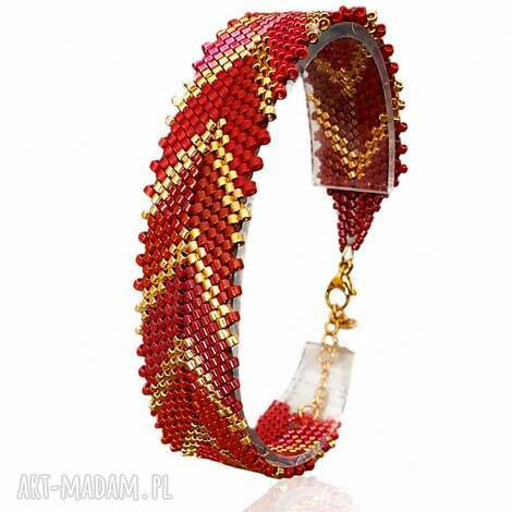 Czerwono-Złota Bransoletka z Koralików Red Chevron - ręcznie pleciona Peyote