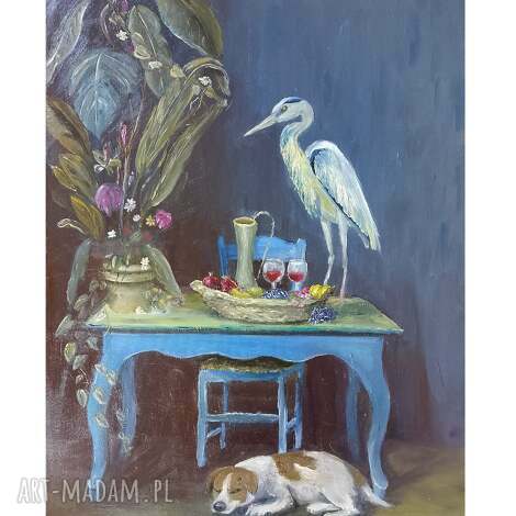 Niespodziewany gość - ręcznie malowany obraz olejny 50x70 do salonu na prezent