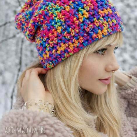 Czapka beanie Smerfetka multicolor w kolorze szary mary - ręcznie robiona z akrylu na szydełku