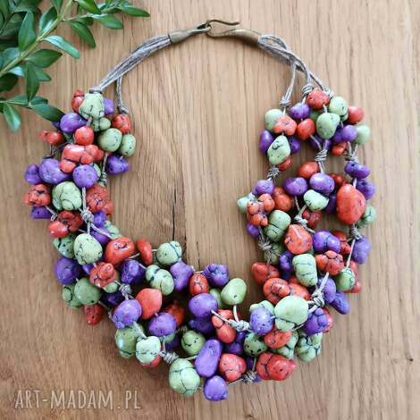 lniany naszyjnik z kolorowymi howlitami c761l, z kamieniami, naszyjnik z kamieniami