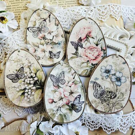 jajka: dekoracje wiosenne - wielkanocne decoupage (kwiaty wiosna, motyle)