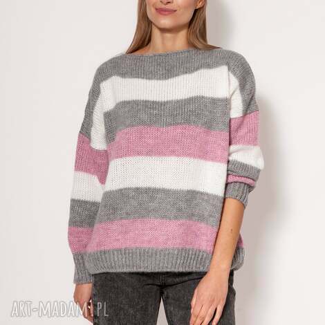 Oversize sweter damski w paski SWE299 szary - róż - ecru MKM