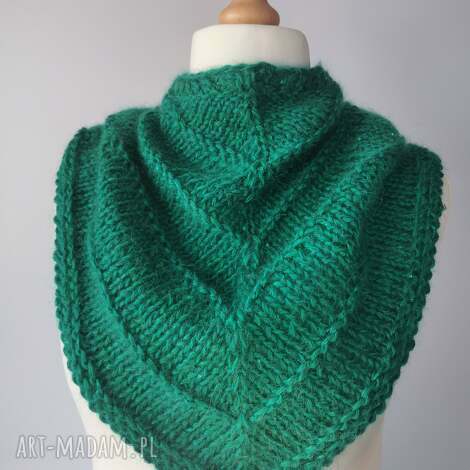 Zielona świąteczna chusta bandana z cekinami - ręcznie robiona z merino, alpaki i moheru (92x42 cm)