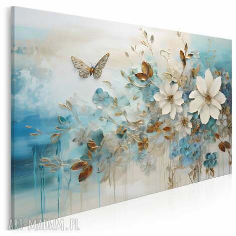 Obraz do salonu Kwiaty 3D, złote liście i motyl - 70x50 cm na płótnie