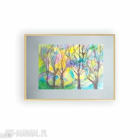 Pejzaż w ramce ręcznie malowany - akwarela pod szkłem 22,5 x 31 cm