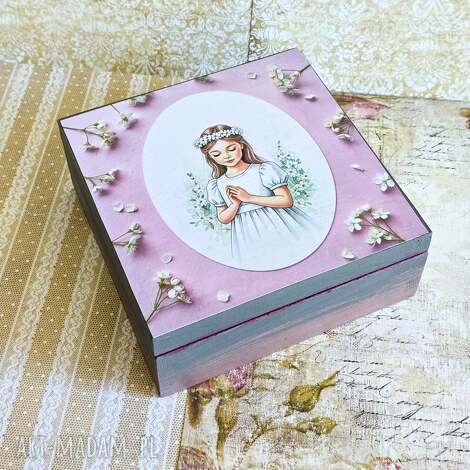 pudełko drewniane - komunia dziewczynki, dziewczynka, subtelne, na komunię