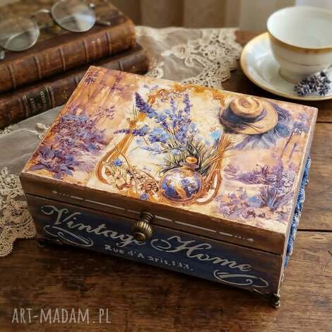 Leśne pudełko decoupage z reliefami - fiolet i złoto