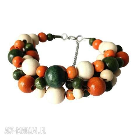 Drewniana bransoletka boho handmade z koralików - zieleń, pomarańcz i krem