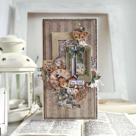 Kartka urodzinowa ręcznie robiona „For You!” z koronką i kwiatkami - 10x18,5 cm