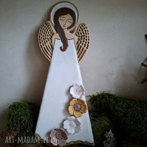 anioł ceramiczny z kwiatami - pula, prezent, komunia ścianę ślub