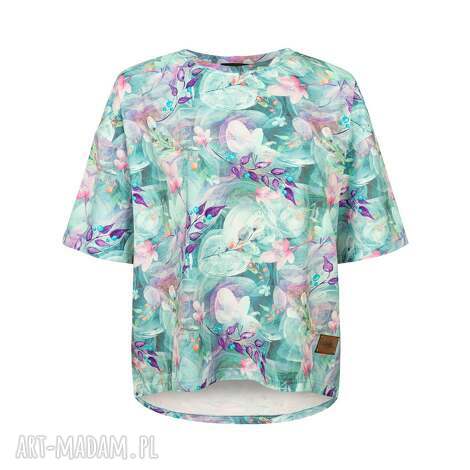 bluzka t-shirt miętowo fioletowe kwiaty koszulka na lato, mietowa