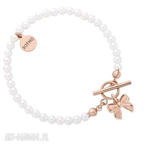 Bransoletka z białych pereł Swarovski Crystal z kokardką - różowe złoto, srebro 925