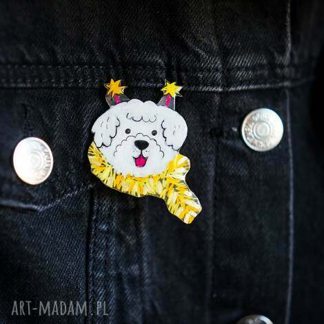 świąteczna broszka z maltańczykiem, biżuteria dla psiary, broszka z psem