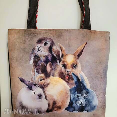 torebka z tk wodoodpornej króliki, torba shopperka, dzień kobiet, babci