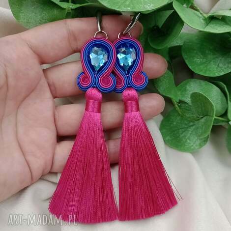 Kolczyki chwosty soutache fuksja-kobalt-turkus - meksykański boho